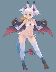 Rule 34 | 1girl, animal ears, animal hands, blue eyes, cape, fire, flat chest, monster girl, original, panties, pointy ears, ribbon, short hair, side-tie panties, simple background, solo, tail, tail ornament, tail ribbon, thighhighs, underwear, weno, white hair, wings