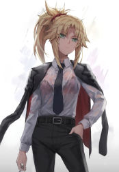 Rule 34 | 1girl, belt, black jacket, black pants, blonde hair, bra, braid, breasts, collared shirt, dress shirt, ear piercing, fate/apocrypha, fate (series), french braid, green eyes, hair ornament, hair scrunchie, highres, jacket, jacket on shoulders, long hair, long sleeves, looking at viewer, mordred (fate), mordred (fate/apocrypha), necktie, pants, parted bangs, piercing, ponytail, red bra, scrunchie, shirt, sidelocks, small breasts, solo, tonee, underwear, wet, wet clothes, white shirt