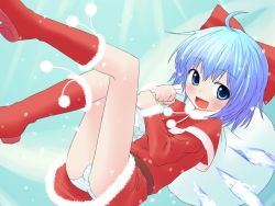 Rule 34 | 1girl, blue eyes, blue hair, blush, boots, bow, christmas, cirno, female focus, hair bow, matching hair/eyes, natsu no koucha, open mouth, panties, perfect cherry blossom, santa costume, short hair, smile, snow, solo, striped clothes, striped panties, touhou, underwear, upskirt