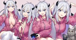 Rule 34 | 4girls, :3, absurdres, blue eyes, breasts, cat, cleavage, controller, demon girl, demon horns, demon tail, dualshock, fang, game controller, gamepad, highres, horns, indie virtual youtuber, jacket, large breasts, long hair, looking at viewer, multiple girls, multiple views, neonbeat, no bra, pink jacket, playstation controller, round teeth, skin fang, slit pupils, tail, teeth, thighhighs, tongue, tongue out, vei (vtuber), vei (vtuber) (1st costume), virtual youtuber