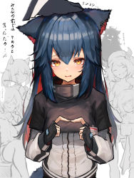 Rule 34 | 1boy, 5girls, absurdres, animal ears, arknights, bison (arknights), black gloves, blue hair, blush, colored inner hair, commentary request, croissant (arknights), doctor (arknights), exusiai (arknights), fingerless gloves, gloves, hair between eyes, hand on another&#039;s head, headpat, highres, lappland (arknights), long hair, looking at viewer, multicolored hair, multiple girls, red hair, simple background, sora (arknights), tab head, tail, texas (arknights), translation request, two-tone hair, white background, wolf ears, wolf tail, yellow eyes