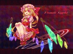 Rule 34 | 1girl, argyle, argyle background, argyle clothes, ascot, blonde hair, bobby socks, character name, collared shirt, crystal, flandre scarlet, frilled shirt collar, frilled sleeves, frills, full body, glowing, glowing wings, hair between eyes, high heels, hiyosuke (ak love), long hair, looking at viewer, mary janes, multicolored wings, one side up, open mouth, petticoat, puffy short sleeves, puffy sleeves, red background, red eyes, red footwear, red skirt, red vest, shirt, shoes, short sleeves, skirt, socks, solo, touhou, vest, white headwear, white shirt, white socks, wings, yellow ascot