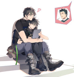 Rule 34 | 3boys, absurdres, black footwear, black hair, black pants, blue pants, boots, commentary, commentary request, english commentary, english text, father and son, full body, fushiguro megumi, fushiguro touji, green eyes, hair between eyes, heart, highres, holding, holding tablet pc, holster, hug, ikag, jujutsu kaisen, male focus, multiple boys, pants, scar, scar on face, scar on mouth, shirt, shiu kong, short hair, sigh, sitting, spiked hair, tablet pc