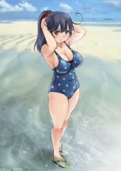 Rule 34 | 10s, 1girl, alternate hairstyle, beach, black hair, blue one-piece swimsuit, blue sky, breasts, brown eyes, cloud, day, female focus, full body, gradient background, kantai collection, kantori, large breasts, long hair, one-piece swimsuit, outdoors, polka dot, polka dot swimsuit, ponytail, sand, sandals, sky, smile, solo, swimsuit, ushio (kancolle), water
