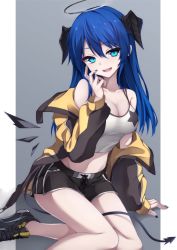 Rule 34 | 1girl, arknights, between legs, black halo, black jacket, black shorts, black wings, blue eyes, blue hair, breasts, cleavage, cropped shirt, dark halo, demon horns, demon tail, detached wings, energy wings, grey background, hair between eyes, halo, hand up, highres, horns, jacket, long hair, long sleeves, looking at viewer, lowell (ouranoss2kanata), medium breasts, midriff, mostima (arknights), multicolored clothes, multicolored jacket, navel, off shoulder, open clothes, open jacket, open mouth, outside border, pillarboxed, shirt, shorts, simple background, sitting, sleeveless, sleeveless shirt, solo, spaghetti strap, tail, tail between legs, tank top, teeth, two-tone jacket, upper teeth only, white shirt, wings, yellow jacket
