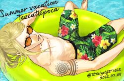 Rule 34 | 1boy, arm tattoo, blonde hair, character name, collarbone, dated, english text, fate/grand order, fate (series), floating, floral print, foot out of frame, from above, green male swimwear, green swim trunks, hibiscus print, highres, innertube, leaf print, long hair, looking at viewer, looking up, male focus, male swimwear, ocean, orange-tinted eyewear, print male swimwear, print swim trunks, print swimsuit, shirokuma tansan, shoulder tattoo, solo, summer, sunglasses, swim ring, swim trunks, swimsuit, tattoo, tezcatlipoca (fate), tinted eyewear, topless male
