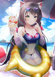 Rule 34 | 1girl, :t, absurdres, animal ear fluff, barefoot, beach, bexercube, bikini, blue bikini, breasts, brown hair, cleavage, closed mouth, cloud, collarbone, crepe, day, eyewear on head, food, front-tie bikini top, front-tie top, highres, holding, holding food, huge filesize, jacket, karyl (princess connect!), karyl (summer) (princess connect!), kneeling, long hair, looking at viewer, medium breasts, midriff, multicolored hair, navel, ocean, open clothes, open jacket, open shorts, outdoors, pink jacket, princess connect!, short shorts, shorts, solo, stomach, streaked hair, sunglasses, swimsuit, very long hair, white shorts