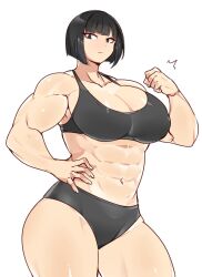 Rule 34 | 1girl, abs, black eyes, black hair, black shorts, black tank top, bob cut, breasts, cleavage, clenched hand, collarbone, fingernails, hand on own hip, hanzo (2929), huge breasts, large breasts, looking at viewer, muscular, muscular female, navel, original, shiny skin, short hair, shorts, simple background, solo, tank top, thick thighs, thighs, white background