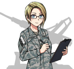 Rule 34 | 1girl, ace combat, ace combat 7: skies unknown, black-framed eyewear, blonde hair, blue eyes, camouflage, camouflage jacket, cannon, character name, clipboard, closed mouth, deanna mconie, glasses, holding, holding pencil, jacket, light smile, long sleeves, looking at viewer, magnetic weapon, military jacket, monochrome background, namco, ndtwofives, parted bangs, pencil, railgun, short hair, simple background, solo, stonehenge (ace combat), stonehenge turret network, upper body, white background