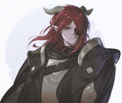 Rule 34 | 1boy, :|, arknights, black scarf, closed mouth, demon boy, demon horns, expressionless, eyepatch, hoederer (arknights), horns, jacket, light particles, long hair, long sleeves, looking away, male focus, one eye covered, pienahenggou, pointy ears, red hair, scarf, simple background, solo, upper body, yellow eyes