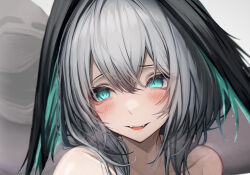 Rule 34 | 1girl, 1other, absurdres, arknights, blue eyes, blush, close-up, commentary, cropped, doctor (arknights), fangs, grey hair, hair between eyes, head wings, highres, ho&#039;olheyak (arknights), medium hair, paid reward available, parted lips, portrait, ringed eyes, slit pupils, smile, solo focus, tab head, wings