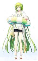 Rule 34 | 1other, absurdres, alternate costume, black shorts, collarbone, ede, enkidu (fate), fate/grand order, fate (series), full body, green eyes, green hair, hair between eyes, hair ornament, highres, holding, hood, hood down, hoodie, innertube, long hair, long sleeves, looking at viewer, open mouth, other focus, sandals, short shorts, shorts, simple background, smile, solo, standing, star (symbol), swim ring, teeth, trap, very long hair, white background, white hoodie