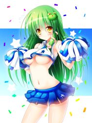 Rule 34 | 1girl, bare arms, bare shoulders, blush, breasts, cheerleader, confetti, covered erect nipples, crop top, crop top overhang, female focus, flying sweatdrops, frog hair ornament, gradient background, green hair, hair ornament, highres, kochiya sanae, large breasts, long hair, looking at viewer, microskirt, midriff, miniskirt, navel, no bra, osashin (osada), pleated skirt, pom pom (cheerleading), shiny skin, shirt, skirt, sleeveless, sleeveless shirt, smile, snake hair ornament, solo, thighs, touhou, underboob, very long hair, yellow eyes