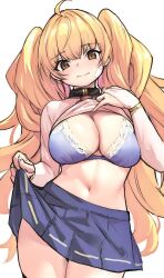 Rule 34 | 1girl, ahoge, blonde hair, blue skirt, blush, bra, breasts, brown eyes, cleavage, closed mouth, clothes lift, cowboy shot, granblue fantasy, highres, kztk, large breasts, lifted by self, long hair, long sleeves, looking at viewer, miniskirt, monika weisswind, navel, pink shirt, pleated skirt, purple bra, shirt, shirt lift, shy, simple background, skirt, skirt lift, solo, split mouth, stomach, thick thighs, thighs, twintails, underwear, very long hair, white background