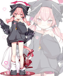 Rule 34 | 1girl, black headwear, black shirt, black wings, blue archive, blush, book, cat tail, closed mouth, feathered wings, hair between eyes, halo, hat, head wings, heart, koharu (blue archive), long hair, looking at viewer, loose socks, multiple views, pink eyes, pink footwear, pink hair, red halo, shirt, sleeves past fingers, sleeves past wrists, slippers, socks, subin (subin 2011), tail, twintails, twitter username, white socks, wings, zoom layer