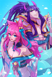 Rule 34 | 1boy, 1girl, abs, ahri (league of legends), animal ear fluff, animal ears, bare shoulders, bell, blue eyes, breasts, cleavage, demon boy, facial mark, fox ears, fox tail, grin, hair bell, hair ornament, hand up, horns, large breasts, league of legends, long hair, long sleeves, looking at viewer, navel, pink hair, pointy ears, smile, spirit blossom (league of legends), spirit blossom ahri, spirit blossom thresh, tail, teeth, thresh (league of legends), vmat, whisker markings