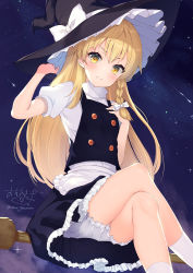 Rule 34 | &gt;:), 1girl, absurdres, apron, black hat, black skirt, black vest, blonde hair, bloomers, blush, bow, braid, broom, broom riding, brown eyes, closed mouth, commentary request, crossed legs, feet out of frame, frilled apron, frilled skirt, frills, hair bow, hand up, hat, hat bow, highres, kirisame marisa, long hair, looking at viewer, night, night sky, ochinsama, outdoors, puffy short sleeves, puffy sleeves, shirt, short sleeves, signature, single braid, sitting, skirt, skirt set, sky, smile, socks, solo, star (sky), starry sky, touhou, twitter username, underwear, v-shaped eyebrows, very long hair, vest, waist apron, white apron, white bloomers, white bow, white shirt, white socks, witch hat