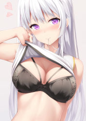 Rule 34 | 1girl, arm up, armpits, azur lane, bare arms, bare shoulders, black bra, blush, bra, breasts, cleavage, clothes in mouth, clothes lift, enterprise (azur lane), heart, large breasts, lifting own clothes, long hair, looking at viewer, mouth hold, purple eyes, shirt, shirt in mouth, shirt lift, sidelocks, silver hair, sleeveless, sleeveless shirt, solo, tatsumiya kagari, underwear, upper body, white shirt