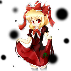 Rule 34 | 1girl, blonde hair, cosplay, darkness, female focus, kagiyama hina, kagiyama hina (cosplay), nori nori ex, rumia, skirt hold, smile, solo, standing, touhou, white background