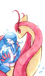 Rule 34 | 1girl, alternate color, blue hair, blue skin, blush, bob cut, bubble, closed eyes, closed mouth, colored skin, creatures (company), female focus, flat chest, from side, game freak, gardevoir, gen 3 pokemon, hair over one eye, hands on own chest, hands up, happy, heart, looking at another, looking down, milotic, muguet, multicolored skin, nintendo, one eye covered, own hands together, pokemon, pokemon (creature), red eyes, shiny pokemon, short hair, sideways mouth, simple background, smile, sparkle, standing, two-tone skin, u u, underwater, water, white background, white skin