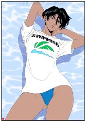 Rule 34 | 1girl, black hair, blue eyeshadow, breasts, chris re5, commentary request, competition swimsuit, dark-skinned female, dark skin, eyeshadow, golden boy, hayami ayuko, looking at viewer, makeup, one-piece swimsuit, parted lips, retro artstyle, shirt, short hair, solo, swimsuit, swimsuit under clothes, white shirt