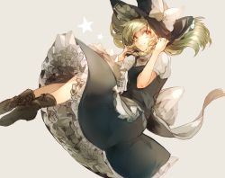 Rule 34 | 1girl, asuna (i luv), blonde hair, boots, braid, grey background, hat, holding, holding clothes, holding hat, kirisame marisa, long hair, petticoat, simple background, single braid, smile, solo, star (symbol), touhou, witch hat, yellow eyes