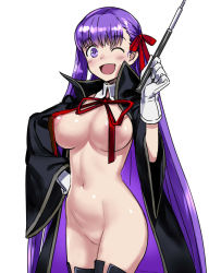 Rule 34 | 10s, 1girl, 774 (nanashi), ;d, bb (fate), bb (fate/extra), black cape, black thighhighs, blush, breasts, cape, convenient censoring, cowboy shot, detached collar, fate/extra, fate/extra ccc, fate (series), gloves, hair ribbon, hand on own hip, hand up, high collar, holding, large breasts, long hair, looking at viewer, naked cape, navel, neck ribbon, one eye closed, open mouth, purple eyes, purple hair, red ribbon, ribbon, simple background, smile, solo, standing, thighhighs, very long hair, wand, white background, white gloves, wing collar