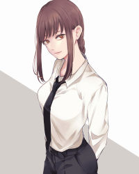 Rule 34 | 1girl, absurdres, arms behind back, bad id, bad pixiv id, black necktie, black pants, braid, braided ponytail, breasts, brown hair, business suit, chainsaw man, collared shirt, formal, highres, long sleeves, makima (chainsaw man), medium breasts, medium hair, necktie, neckwear request, pants, ringed eyes, shirt, shirt tucked in, shueisha, simple background, solo, suit, toukaairab, white background