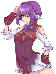 Rule 34 | 1girl, asamiya athena, china dress, chinese clothes, closed mouth, cowboy shot, dot nose, dress, fingerless gloves, gloves, hair ornament, hair ribbon, hairband, hand on own hip, highres, legs apart, looking at viewer, off-shoulder shirt, off shoulder, one eye closed, ooiwa (irc14786149), purple eyes, purple hair, red gloves, red hairband, ribbon, shirt, short hair, shorts, simple background, smile, solo, standing, star (symbol), star hair ornament, the king of fighters, the king of fighters xv, white background, white ribbon, white shorts