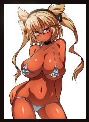 Rule 34 | 1girl, :/, bare arms, bare shoulders, bikini, blonde hair, blush, border, breasts, choker, commentary request, contrapposto, cowboy shot, dark-skinned female, dark skin, frilled bikini, frilled bikini top, frills, frown, fukurou (owl222), glasses, hairband, hand on own hip, highres, huge breasts, kantai collection, letterboxed, long hair, looking at viewer, micro bikini, musashi (kancolle), navel, red eyes, simple background, solo, standing, sweatdrop, swimsuit, twintails, v-shaped eyebrows, white background, white bikini