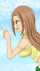 Rule 34 | 1girl, arc the lad, arc the lad ii, bare shoulders, blush, breasts, brown hair, dark skin, dark-skinned female, dress, green eyes, pointing, sania (arc the lad), solo, upper body
