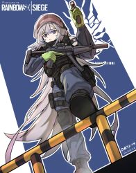 Rule 34 | 1girl, absurdres, arknights, assault visor, blue eyes, bulletproof vest, commentary request, dated, feathered wings, feathers, gaoling gangqin, gun, h&amp;k mp5, head wings, helmet, highres, holding, holding gun, holding weapon, knee pads, long hair, looking at viewer, mulberry (arknights), pouch, rainbow six siege, solo, submachine gun, thigh pouch, very long hair, weapon, white feathers, white hair, white wings, wings