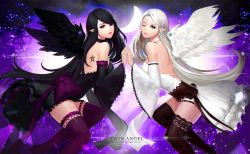 Rule 34 | 2girls, angel, angel wings, artist name, asymmetrical legwear, bad id, bad pixiv id, bare shoulders, black dress, black hair, black legwear, black vs white, black wings, blue eyes, bow, brown legwear, brown ribbon, choker, closed mouth, crescent moon, detached sleeves, dress, english text, feathered wings, female focus, fishnet legwear, fishnets, flower, frilled legwear, frills, frown, gem, gradient background, high heels, holding hands, jewelry, lace, lace-trimmed dress, lace-trimmed sleeves, lace trim, lens flare, long hair, looking at viewer, mismatched legwear, moon, multiple girls, one eye closed, original, pentagram, phonic, pink lips, pointy ears, print dress, purple background, purple bow, purple eyes, purple legwear, ribbon, ring, siblings, sisters, smile, space, straight hair, swept bangs, symmetrical hand pose, symmetry, tattoo, text focus, thighhighs, twins, very long hair, white dress, white hair, white wings, wide sleeves, wings, wink, zettai ryouiki