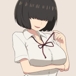 Rule 34 | 1girl, arm under breasts, beige background, borrowed character, breast hold, breasts, brown hair, cleavage, covered eyes, hair over eyes, hentai protag face, kigan&#039;eiji, large breasts, looking at viewer, miura chinami, neck ribbon, original, ribbon, school uniform, seductive smile, smile, solo, string pull, teasing, tented shirt, undressing, untying