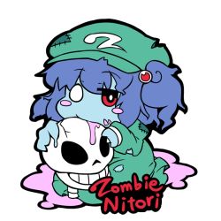 Rule 34 | 1girl, blue hair, blush, blush stickers, english text, hair bobbles, hair ornament, hat, jinnouchi akira, kawashiro nitori, long sleeves, looking at viewer, red eyes, short hair, simple background, skirt, skirt set, skull, solo, stitches, torn clothes, touhou, twintails, two side up, white background, zombie