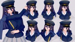 Rule 34 | 1girl, 3d, artist request, blush, character sheet, hat, highres, kido ayame (kimi wa 008), kimi wa 008, looking at viewer, looking to the side, multiple views, purple eyes, shiny skin, skirt, smile, upper body