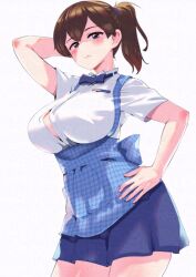 Rule 34 | 1girl, alternate costume, apron, asava (hutaitenn), blue apron, blue bow, blue bowtie, bow, bowtie, breasts, brown eyes, brown hair, collared shirt, dress shirt, employee uniform, gingham apron, glaze artifacts, hand on own hip, kaga (kancolle), kantai collection, kobeya uniform, large breasts, long hair, open clothes, open shirt, plaid, plaid apron, pleated shirt, shirt, side ponytail, simple background, solo, uniform, waitress, white background, white shirt