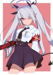 Rule 34 | armband, black gloves, black necktie, black skirt, blue archive, bolt action, demon tail, gloves, gun, highres, iori (blue archive), marchstudio, mauser 98, necktie, red armband, red eyes, rifle, shirt, skirt, sniper rifle, tail, thighs, twintails, weapon, white hair, white shirt