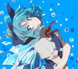 Rule 34 | 1girl, blue background, blue bow, blue dress, blue eyes, blue hair, bow, bubble, cirno, closed mouth, collared shirt, dress, floating hair, frilled sleeves, frills, hair bow, hand on own arm, head tilt, highres, ice, ice wings, kerok (joniko1110), looking at viewer, looking to the side, neck ribbon, one-hour drawing challenge, puffy short sleeves, puffy sleeves, red ribbon, ribbon, shirt, short hair, short sleeves, solo, touhou, upper body, white shirt, wings