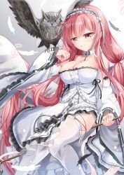 Rule 34 | 1girl, absurdres, azur lane, bare shoulders, bird, black hairband, breasts, collar, detached collar, detached sleeves, dress, feathers, frilled dress, frills, hair ornament, hairband, highres, large breasts, long hair, mikage (shibi), owl, perseus (azur lane), pink eyes, pink hair, solo, strapless, strapless dress, thighhighs, very long hair, white collar, white dress, white sleeves, white thighhighs, wide sleeves