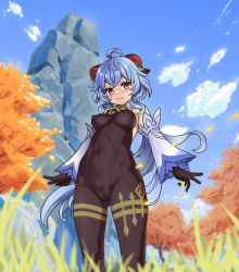 Rule 34 | 1girl, absurdres, black gloves, blue hair, blue sky, blush, bodysuit, breasts, cameltoe, cloud, covered navel, cowbell, day, detached sleeves, covered erect nipples, ganyu (genshin impact), genshin impact, gloves, grass, highres, horns, long hair, looking at viewer, medium breasts, outdoors, purple eyes, shiwasu no okina, sky, smile, solo, tree