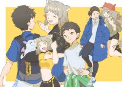 Rule 34 | 1boy, 1girl, animal ears, azurda (xenoblade), backpack, bag, black choker, black shorts, blue coat, blue skirt, breasts, casual, cat ears, choker, closed eyes, clothes around waist, coat, commentary, crop top, facial mark, fang, fujie-yz, grey hair, hair ribbon, hands on own hips, hat, highres, long hair, low twintails, multiple views, nia (xenoblade), open mouth, pleated skirt, red headwear, red ribbon, rex (xenoblade), ribbon, shirt, shoes, short shorts, shorts, simple background, skirt, small breasts, sneakers, stretching, twintails, two-tone background, very long hair, white shirt, xenoblade chronicles (series), xenoblade chronicles 2, yellow eyes, yellow shirt