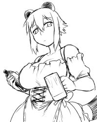 Rule 34 | 1girl, alcohol, animal ears, apron, araiguma-san, bare shoulders, barmaid, beer, beer mug, bottle, breasts, cleavage, collarbone, corset, cup, detached sleeves, dirndl, expressionless, german clothes, greyscale, huge breasts, large breasts, looking at viewer, monochrome, mug, oktoberfest, original, raccoon ears, raccoon tail, short hair, sidelocks, simple background, solo, standing, tail, traditional clothes, tsukudani (coke-buta), underbust, waist apron, waitress, white background