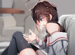 Rule 34 | 1girl, ahoge, black shirt, black thighhighs, blue eyes, braid, brown hair, commentary request, from side, hair flaps, hair ornament, hair over shoulder, highres, implied masturbation, indoors, jacket, kabayaki namazu, kantai collection, long sleeves, off-shoulder jacket, off shoulder, out-of-frame censoring, out of frame, shigure (kancolle), shigure kai ni (kancolle), shirt, single braid, sleeveless, sleeveless shirt, solo, suggestive fluid, thighhighs, white jacket