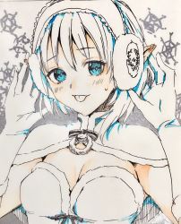 Rule 34 | 1girl, :p, blue eyes, blue hair, breasts, cleavage, earmuffs, gloves, highres, limited palette, looking at viewer, murata tefu, pointy ears, rena lanford, short hair, smile, solo, star ocean, star ocean anamnesis, star ocean the second story, tongue, tongue out