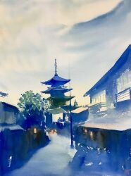 Rule 34 | absurdres, architecture, blue sky, building, cloud, cloudy sky, day, didi daisukedoi, east asian architecture, hanging light, highres, no humans, original, pagoda, road, scenery, shadow, sky, street, tree
