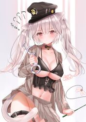 Rule 34 | 1girl, animal ears, bell, bikini, bikini top only, black bikini, black bow, black headwear, black neckwear, blush, bow, breasts, cat ears, cat girl, cat tail, cleavage, closed mouth, corset, covering privates, covering crotch, cowboy shot, cuffs, grey shirt, grey skirt, handcuffs, highres, holding, holding handcuffs, holding whip, jingle bell, large breasts, long hair, long sleeves, looking at viewer, mini bowtie, miniskirt, navel, neco meito, open clothes, open shirt, original, pleated skirt, prehensile tail, red eyes, shirt, signature, silver hair, skirt, solo, swimsuit, tail, thigh strap, twintails, underboob, v-shaped eyebrows