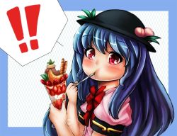 Rule 34 | !, !!, 1girl, blue hair, bow, eating, food, fruit, hat, hinanawi tenshi, ice cream, long hair, looking at viewer, maru daizu (aqua6233), parfait, peach, plump, red eyes, solo, spoon, strawberry, touhou, utensil in mouth