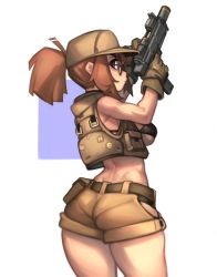 Rule 34 | 1girl, ass, back, bare shoulders, bikini, bikini top only, bikini under clothes, black bikini, blue background, breasts, brown eyes, brown gloves, brown hair, brown hat, closed mouth, cowboy shot, finger on trigger, fio germi, from behind, glasses, gloves, gun, hat, highres, hip vent, kelvin hiu, looking back, matching hair/eyes, medium breasts, metal slug, midriff, military, pantylines, ponytail, round eyewear, shorts, simple background, solo, standing, swimsuit, thighs, vest, weapon, white background