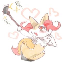 Rule 34 | 1girl, animal ears, arm up, blush, braixen, cellphone, creatures (company), fang, fox ears, fox tail, furry, furry female, game freak, gen 6 pokemon, hand up, heart, jpeg artifacts, leaning forward, looking up, mizone, nintendo, open mouth, phone, pokemon, pokemon (creature), pokemon xy, selfie, selfie stick, simple background, smile, solo, standing, stick, tail, teeth, text focus, tongue, translated, v, white background, yellow eyes